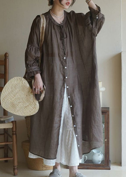 Coffee Ruffled Button Cotton Shirt Long Dresses Long Sleeve