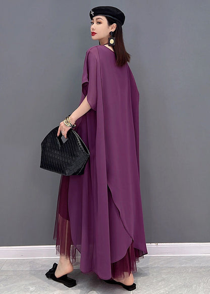 French Purple Asymmetrical Design Chiffon Dress and Cloak Two Pieces Set Summer