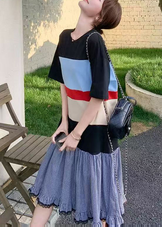 Mixed Color Oversized Patchwork Cotton Long Dress Summer