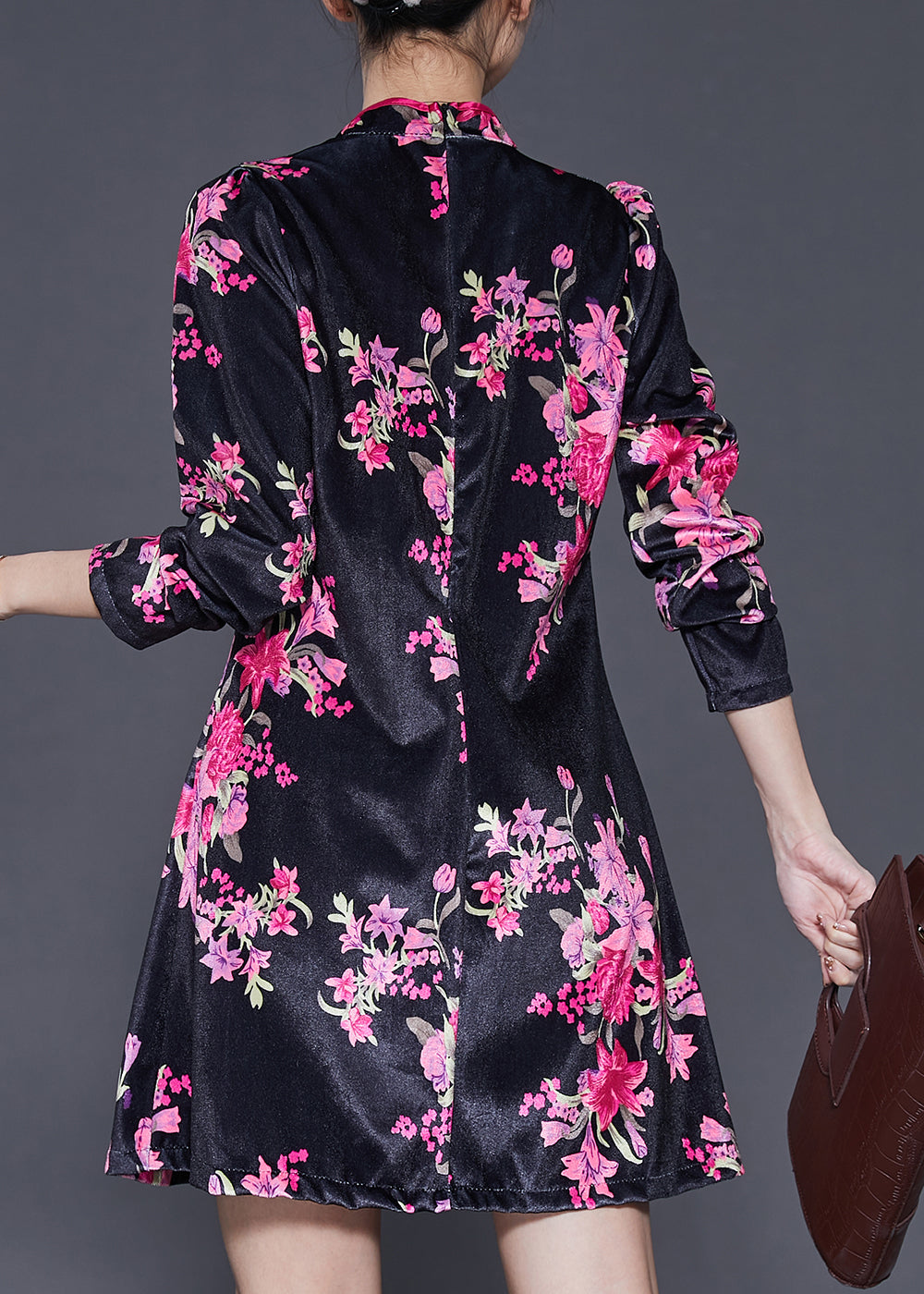Chinese Style Black Print Silk Velour Mini Dresses Spring