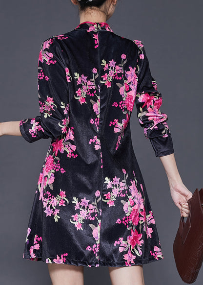 Chinese Style Black Print Silk Velour Mini Dresses Spring