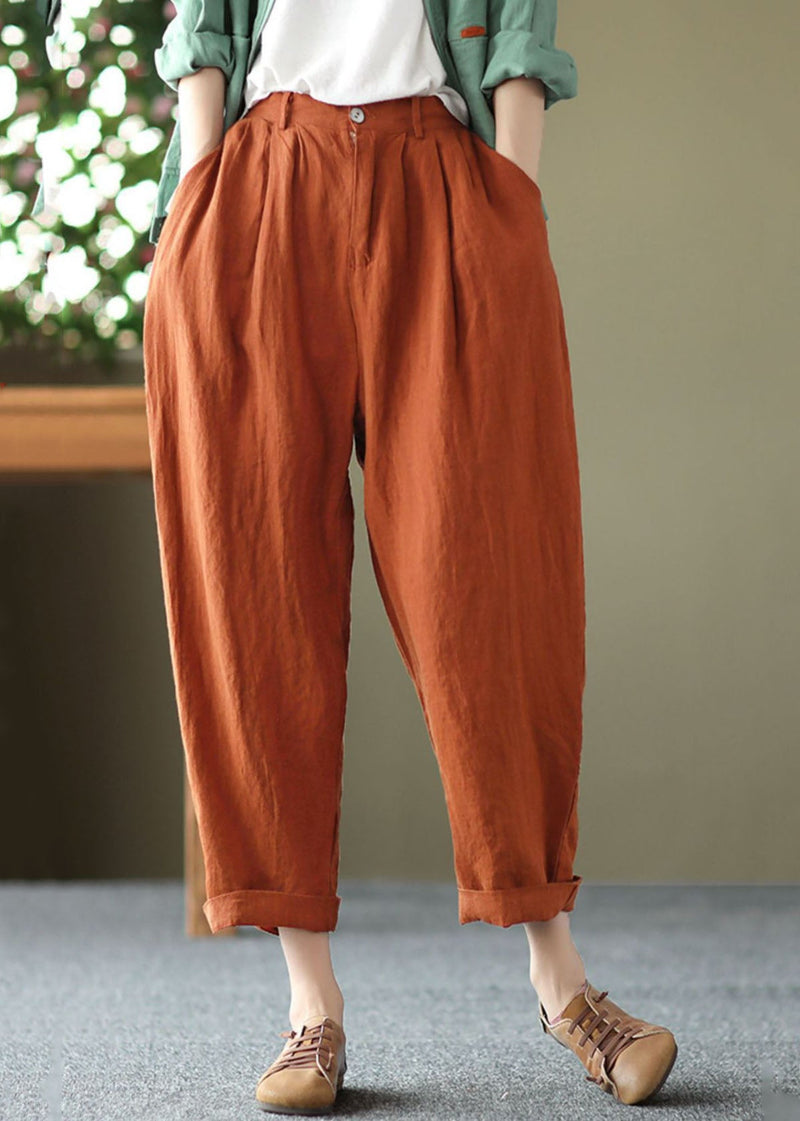 Orange High Waist Pockets Original Design Linen Harem Pants Summer