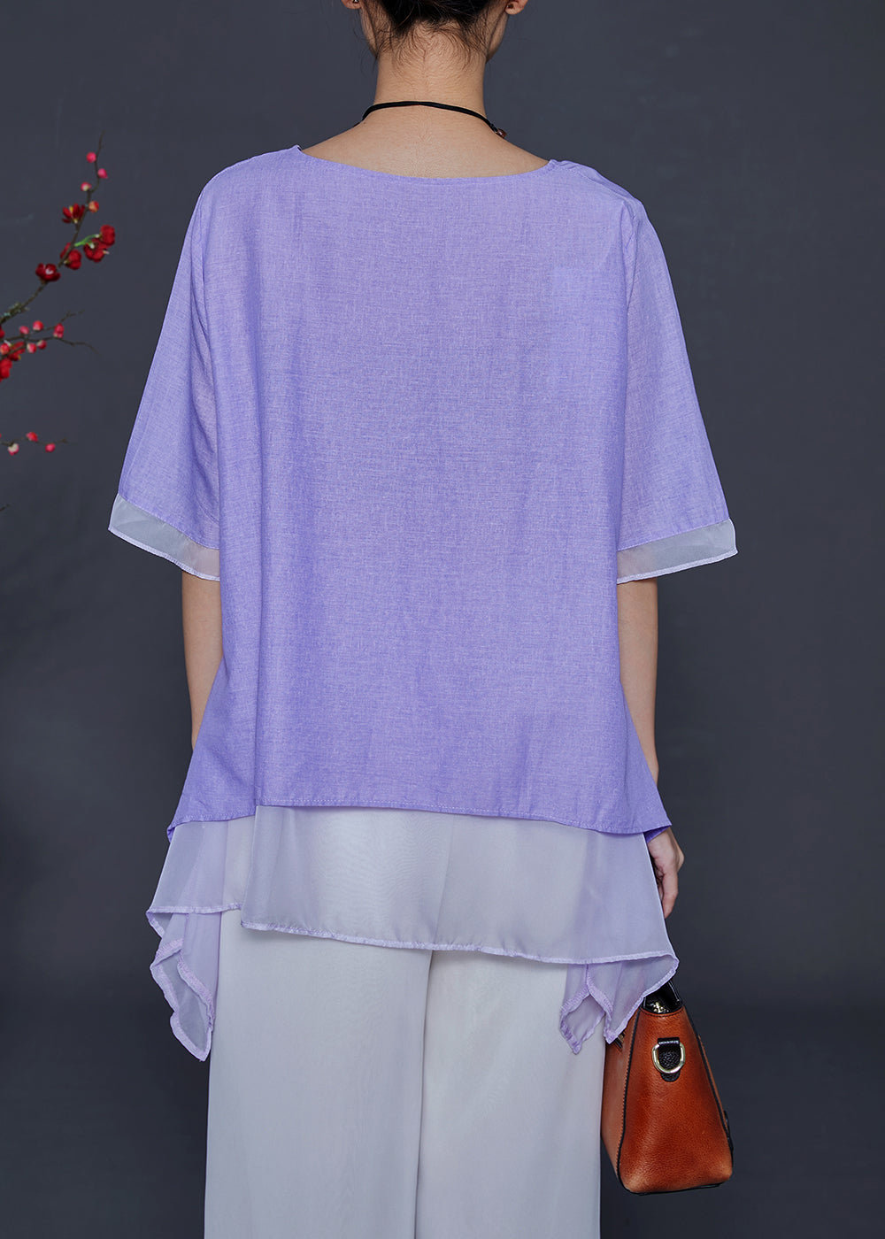 Modern Purple Asymmetrical Patchwork Cotton Fake Two Piece Tanks Summer
