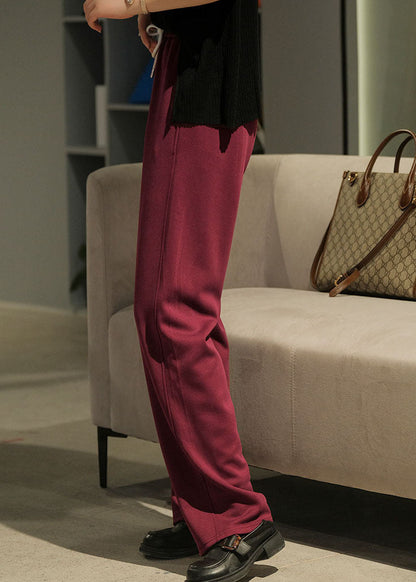 Red Elastic Waist Pockets Cotton Pants Fall