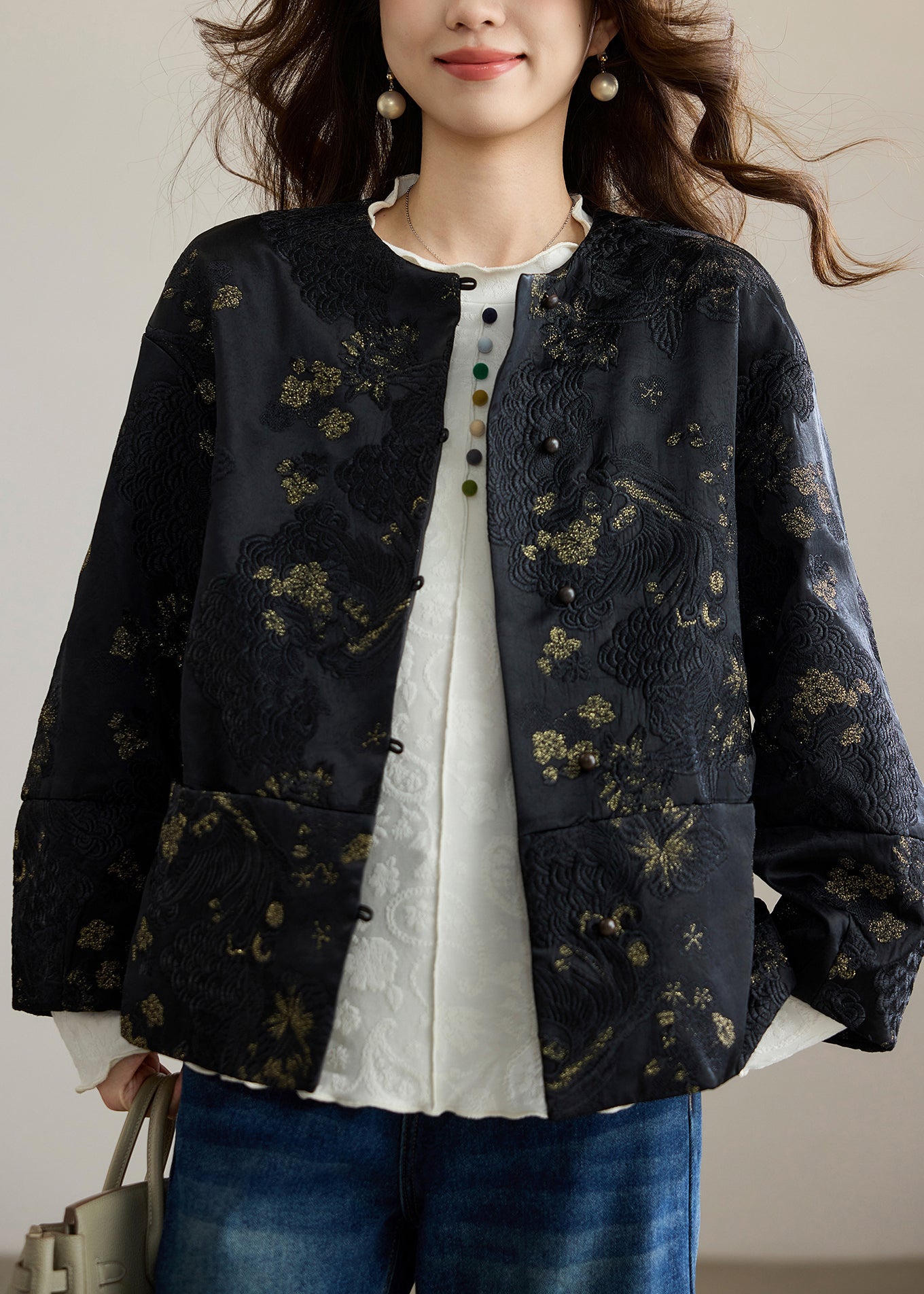 Black Embroidered Patchwork Silk Oriental Coats Spring