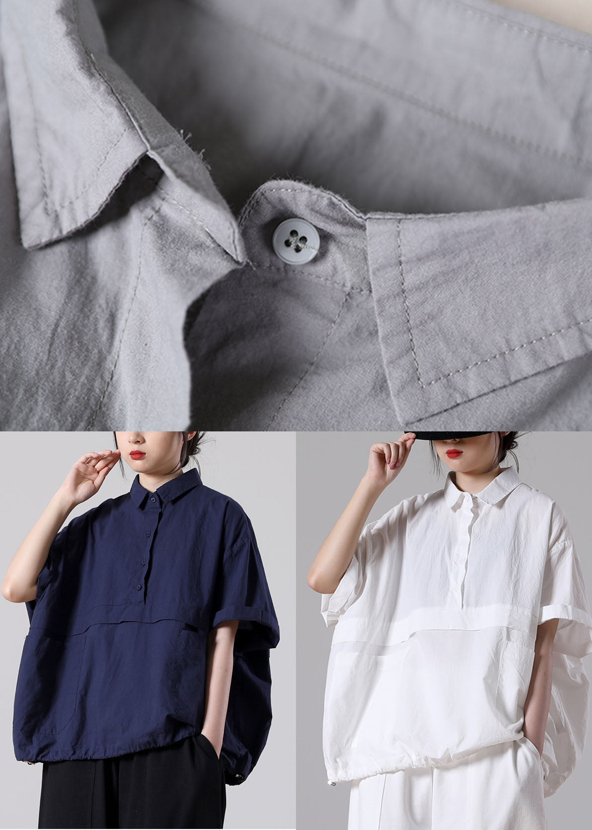 White Loose Cotton Blouse Tops Peter Pan Collar Button Short Sleeve