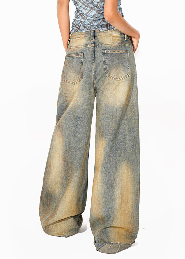 Blue High Waist Pockets Patchwork Wide Leg Jeans