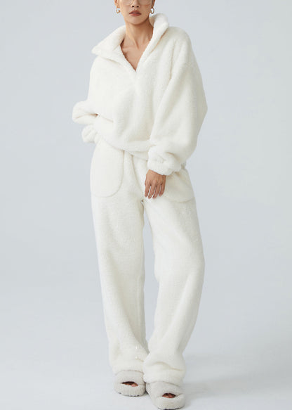 Loose White Stand Collar Pockets Fluffy Pajamas Two Pieces Set Winter