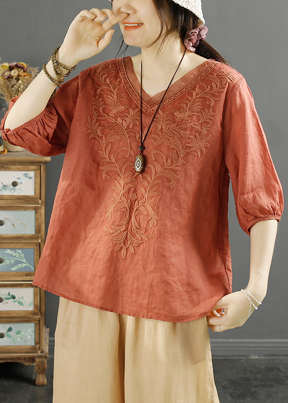 Original Orange V Neck Embroideried Tulle Patchwork Linen Top Summer