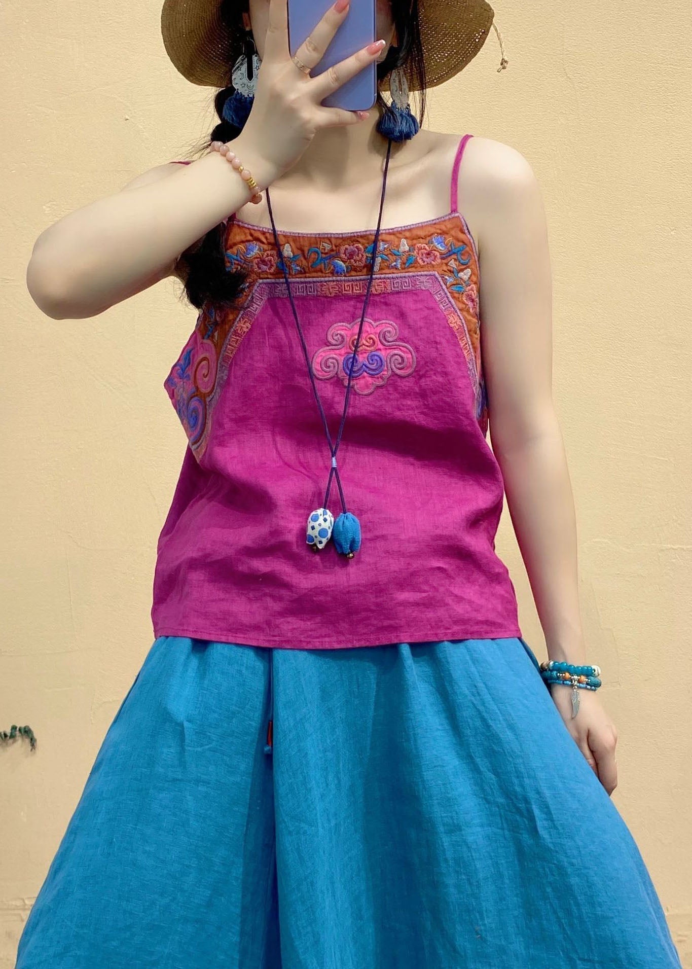 Rose Red Embroideried Patchwork Linen Spaghetti Strap Top Summer