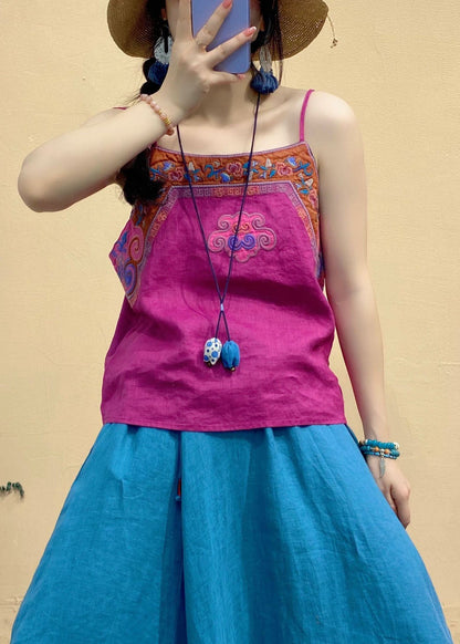 Rose Red Embroideried Patchwork Linen Spaghetti Strap Top Summer