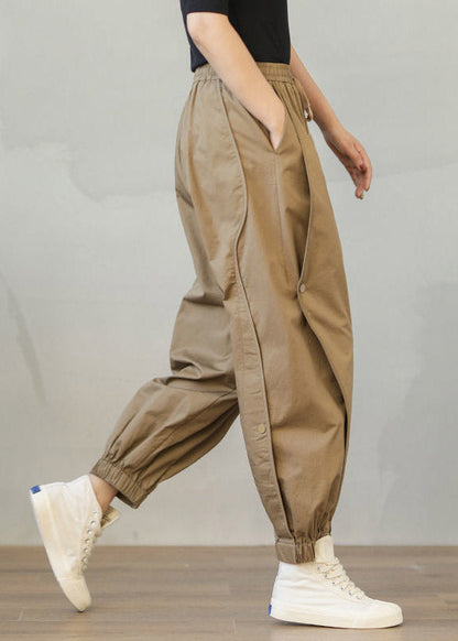 Khaki Pockets Elastic Waist Drawstring Harem Pants Spring