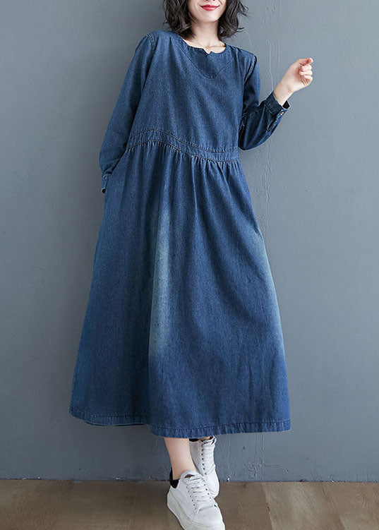 Blue V-neck Pockets Wrinkled Patchwork Denim Dress Spring