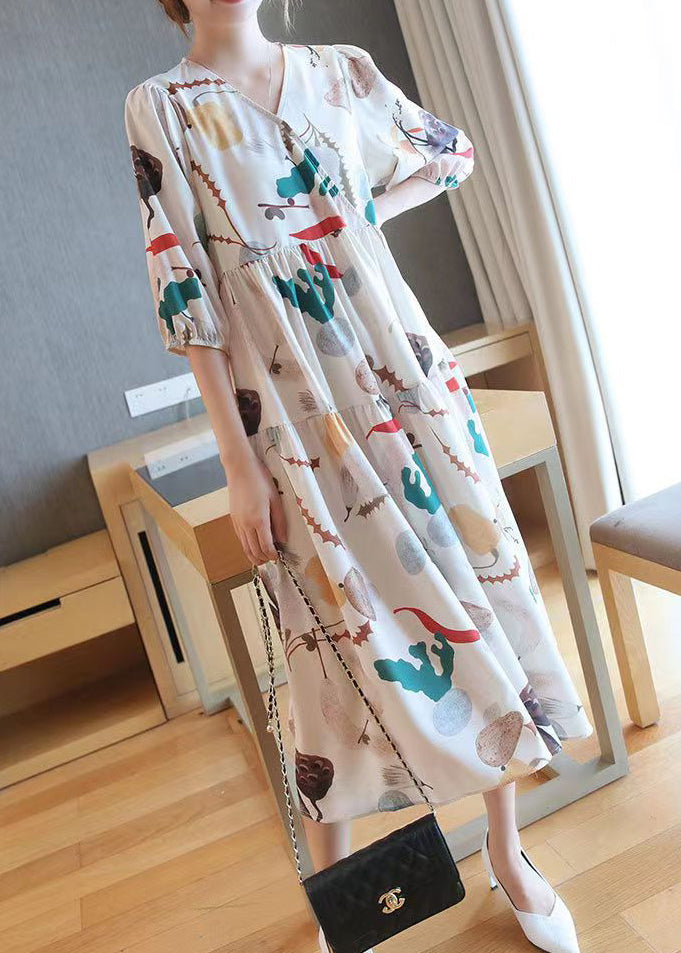 Apricot V Neck Print Cotton Long Dress Half Sleeve