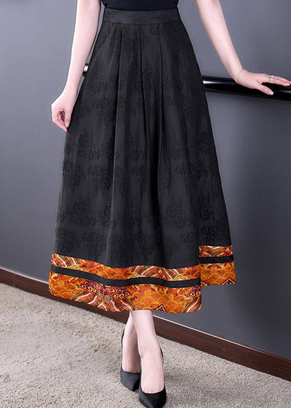Diy Black Pockets Print High Waist Silk a Line Skirts Fall