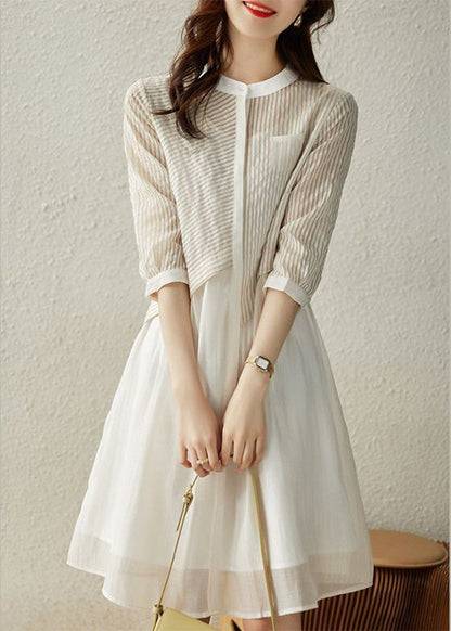Blue O-neck Striped Patchwork Fake Two Pieces Button Long Dress Summer