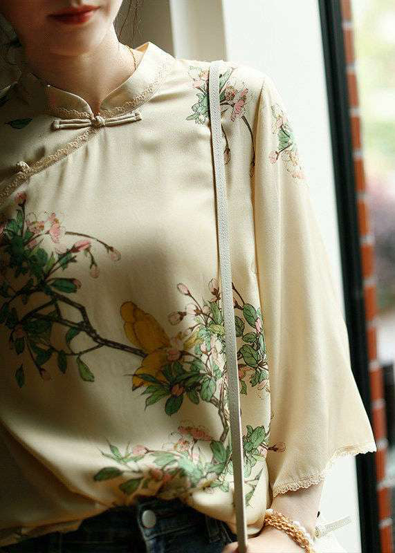 Beige Mandarin Collar Side Open Print Silk Top Long Sleeve