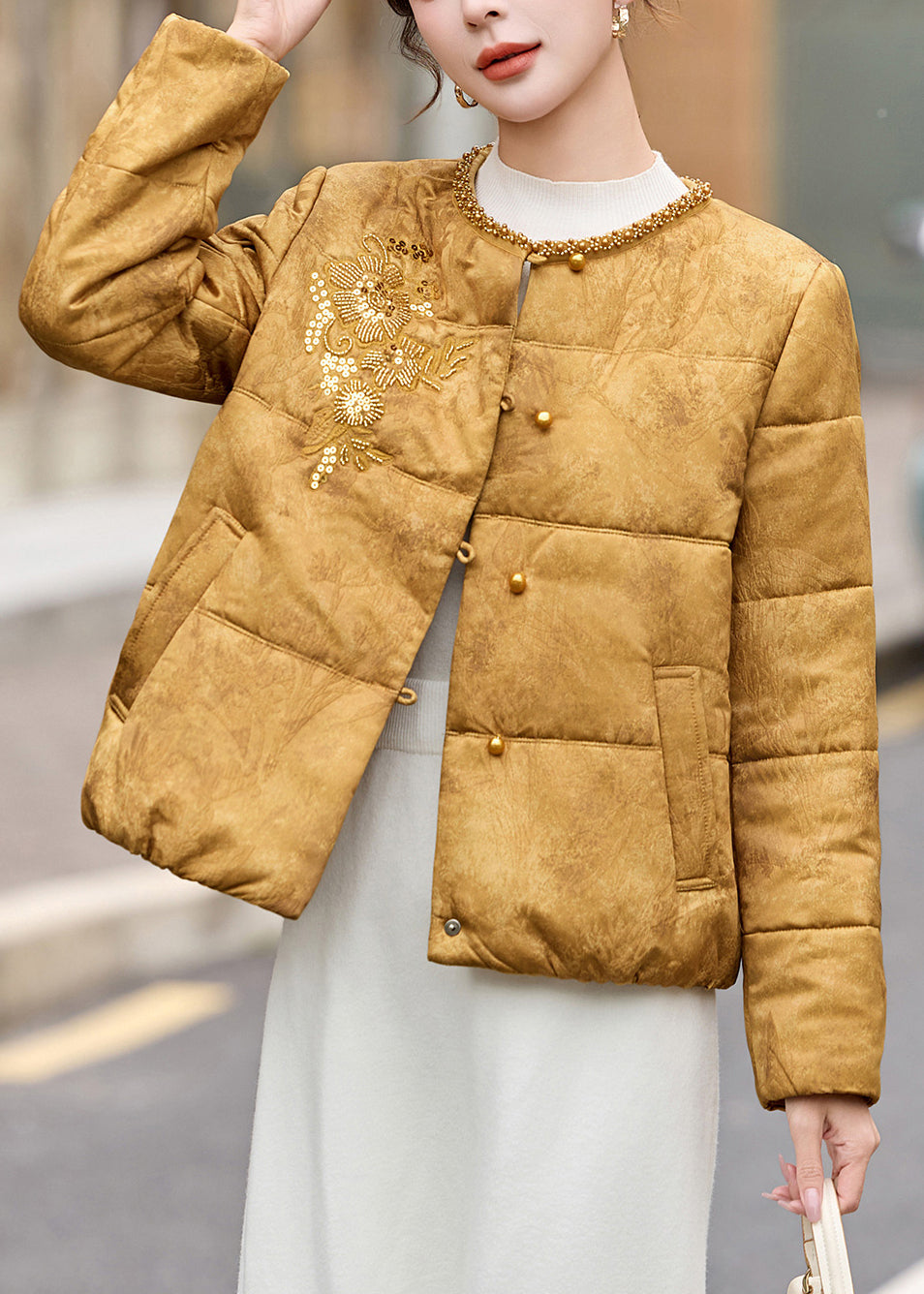 Style Yellow Sequins Embroidered Fine Cotton Filled Witner Coats