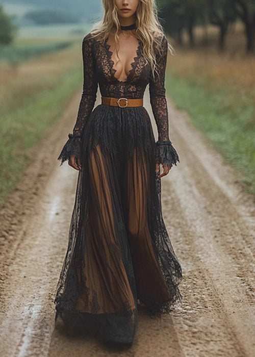 Slim Fit Black V Neck Hollow Out Lace Long Dress Spring