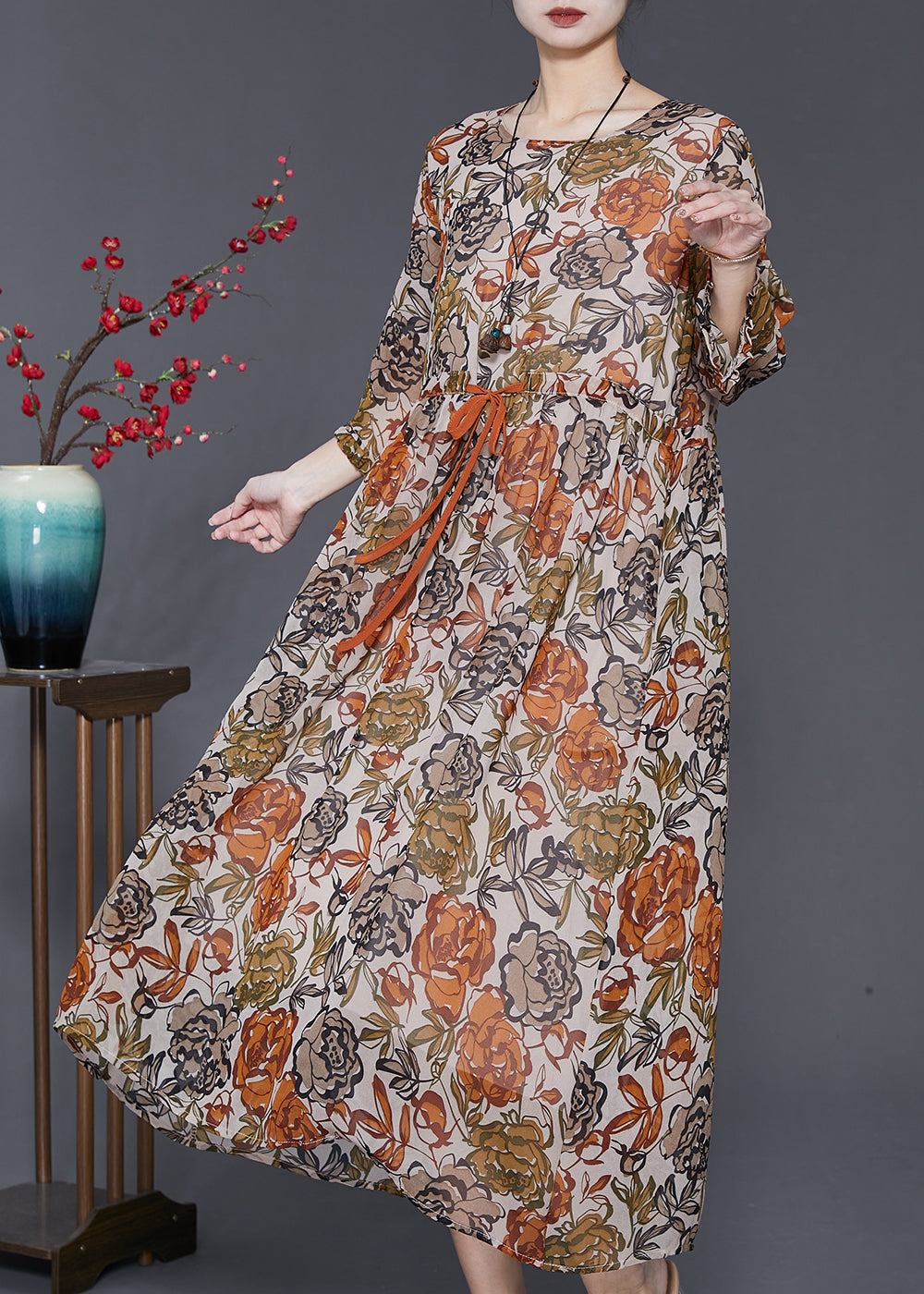 Khaki Cinched Print Silk Dress Bracelet Sleeve