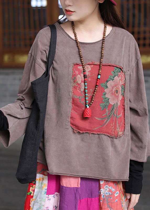 Coffee O-neck Appliques Top Long Sleeve