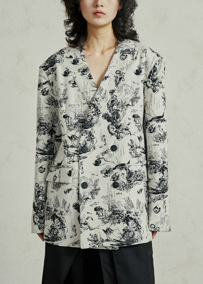 White V Neck Pockets Print Coat Fall