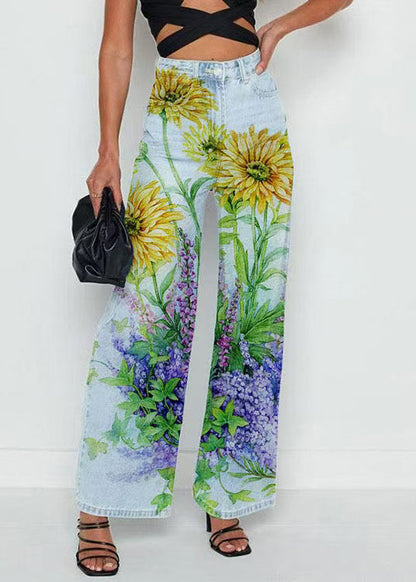 French Light Blue Print High Waist Crop Pants Spring