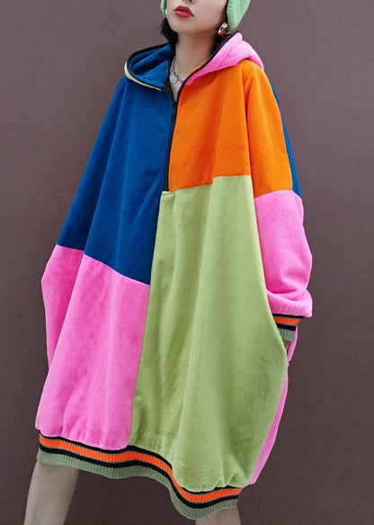 Italian Multi Hooded Pockets Patchwork Pullover Sweatshirt Dresses Spring