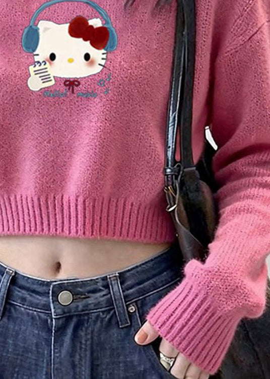 Pink Cold Shoulder Print Knit Short Sweater Winter
