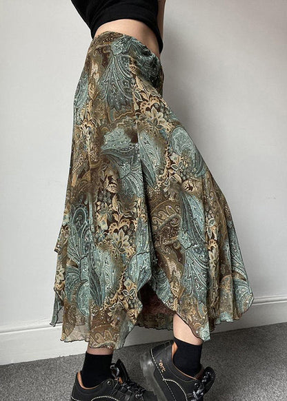 Green Print Lace Patchwork Skirts Summer