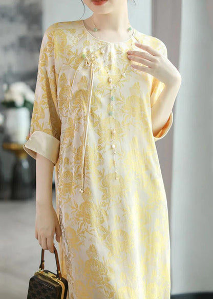Yellow O Neck Tasseled Print Silk Dress Bracelet Sleeve