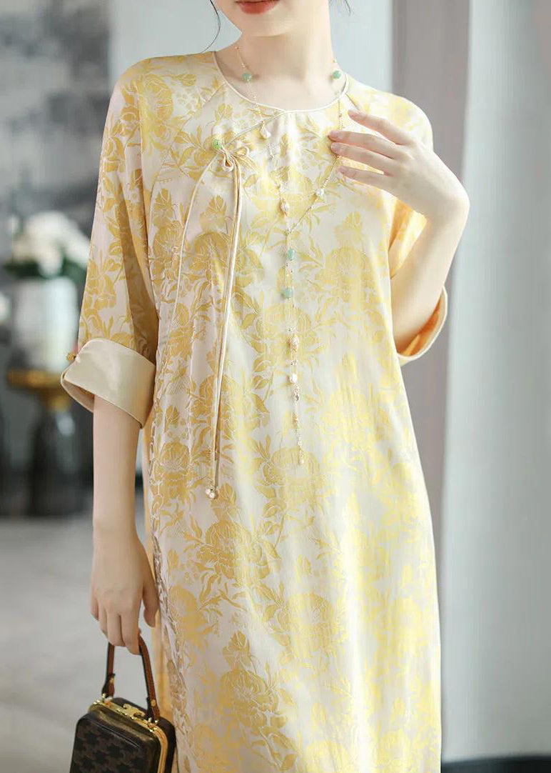 Yellow O Neck Tasseled Print Silk Dress Bracelet Sleeve