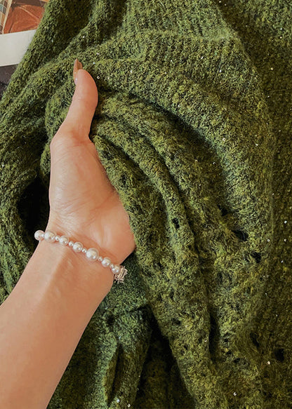 Green O Neck Hollow Out Knit Sweaters Fall