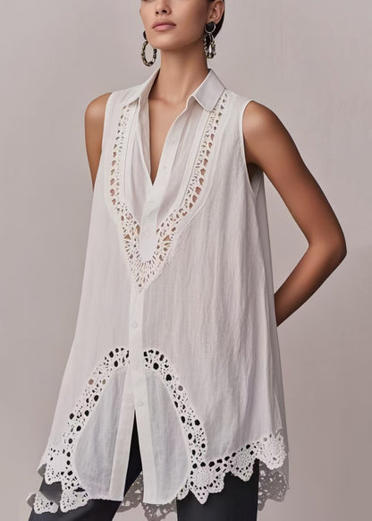 White Hollow Out Cotton Long Vest Sleeveless