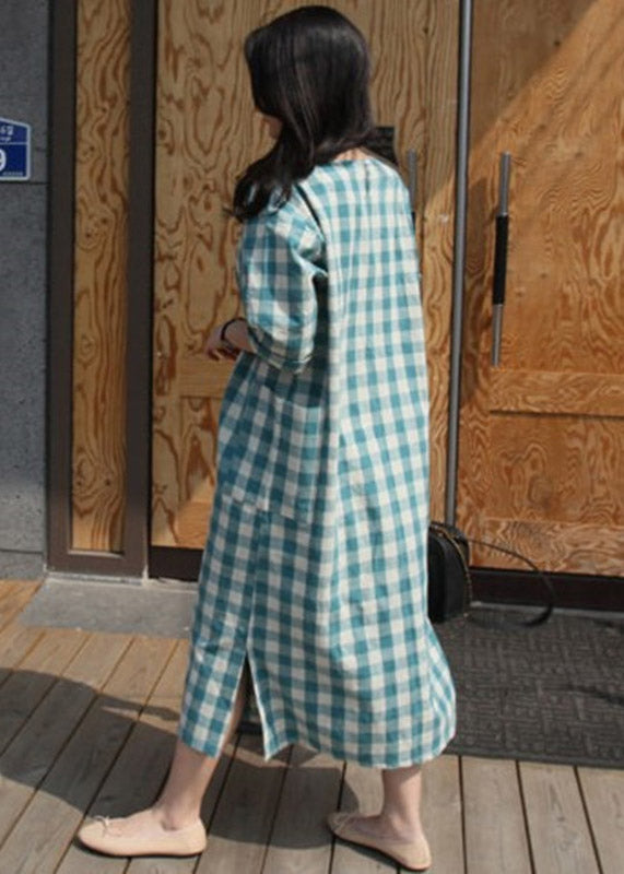 Plaid O-neck Pockets Side Open Dress Long Sleeve