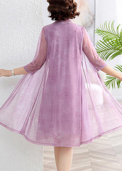 Purple Print Patchwork Chiffon Two Pieces Set O-neck Summer