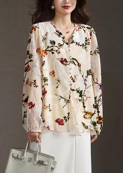 Apricot V Neck Button Print Silk Velour Shirt Spring