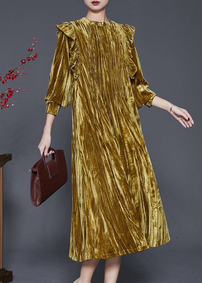 Green Ruffled Wrinkled Silk Velour Holiday Dress Spring