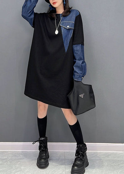 Black O-neck Denim Patchwork Cotton Robe Dresses Fall