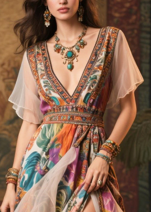 Khaki Print Patchwork Side Open Chiffon Evening Dress Summer