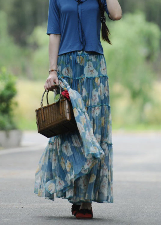 Blue Wrinkled Print Lace Up Exra Large Hem Silk Skirt Spring