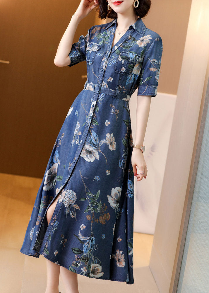 Blue Peter Pan Collar Print Button Sashes Denim Long Dress Short Sleeve