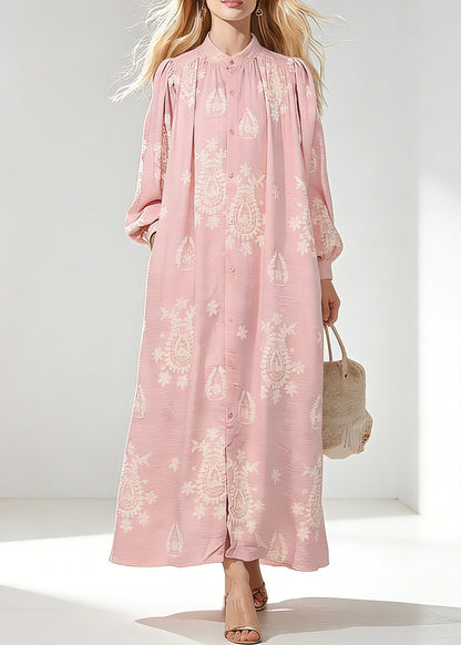 Pink Wrinkled Butto Long Dress Spring