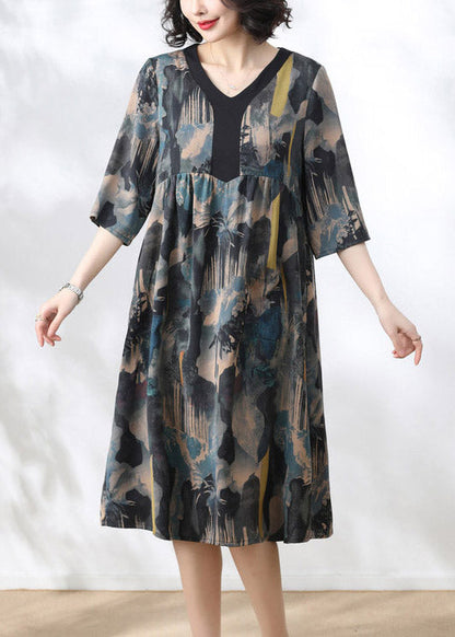 Blue V Neck Print Wrinkled Dress Half Sleeve