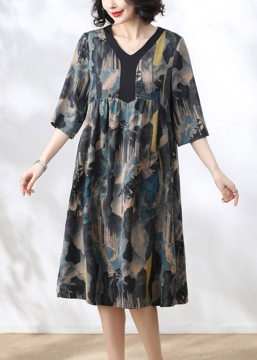 Blue V Neck Print Wrinkled Dress Half Sleeve