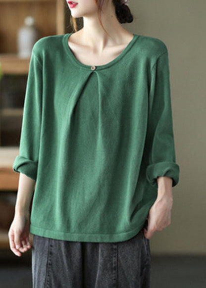 French Green O-neck Button Fall Knit Knitted Sweaters Top