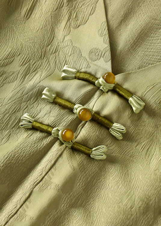 Green Chinese Jacquard Button Patchwork Silk Shirt Bracelet Sleeve
