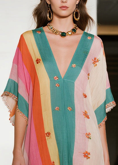 Colorblock Ruffled Striped Cotton Mini Dress Summer