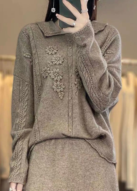 Boutique Beige Peter Pan Collar Ruffled Patchwork Wool Knit Sweaters Spring