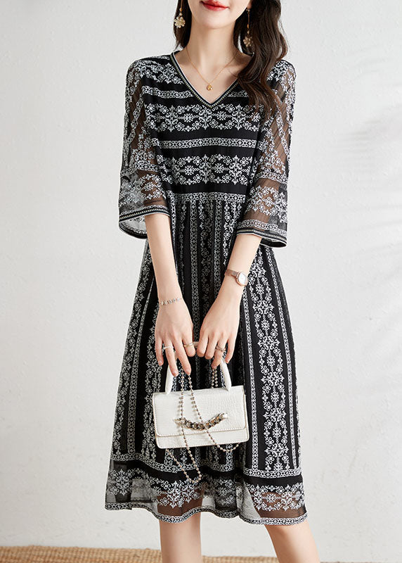 Black O-neck Draping Embroideried Silk Dresses Summer